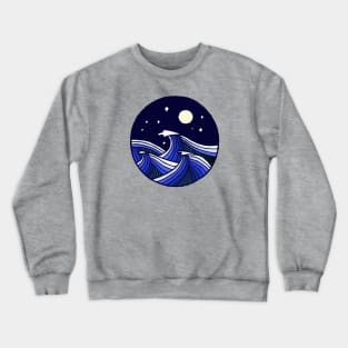 Line drawing: Stylized waves in moonlight in blue and white Crewneck Sweatshirt